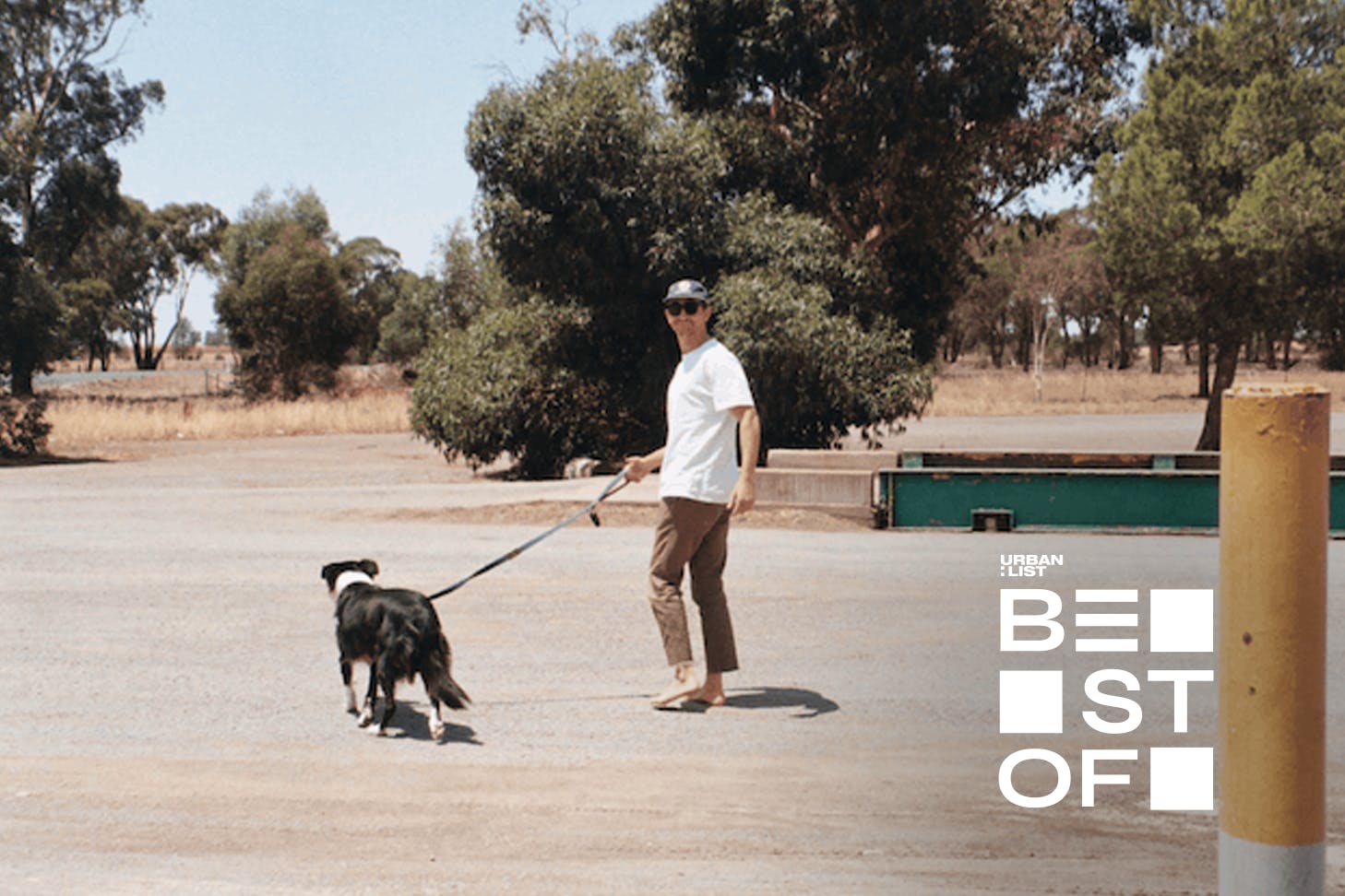 A person walking with a dog.